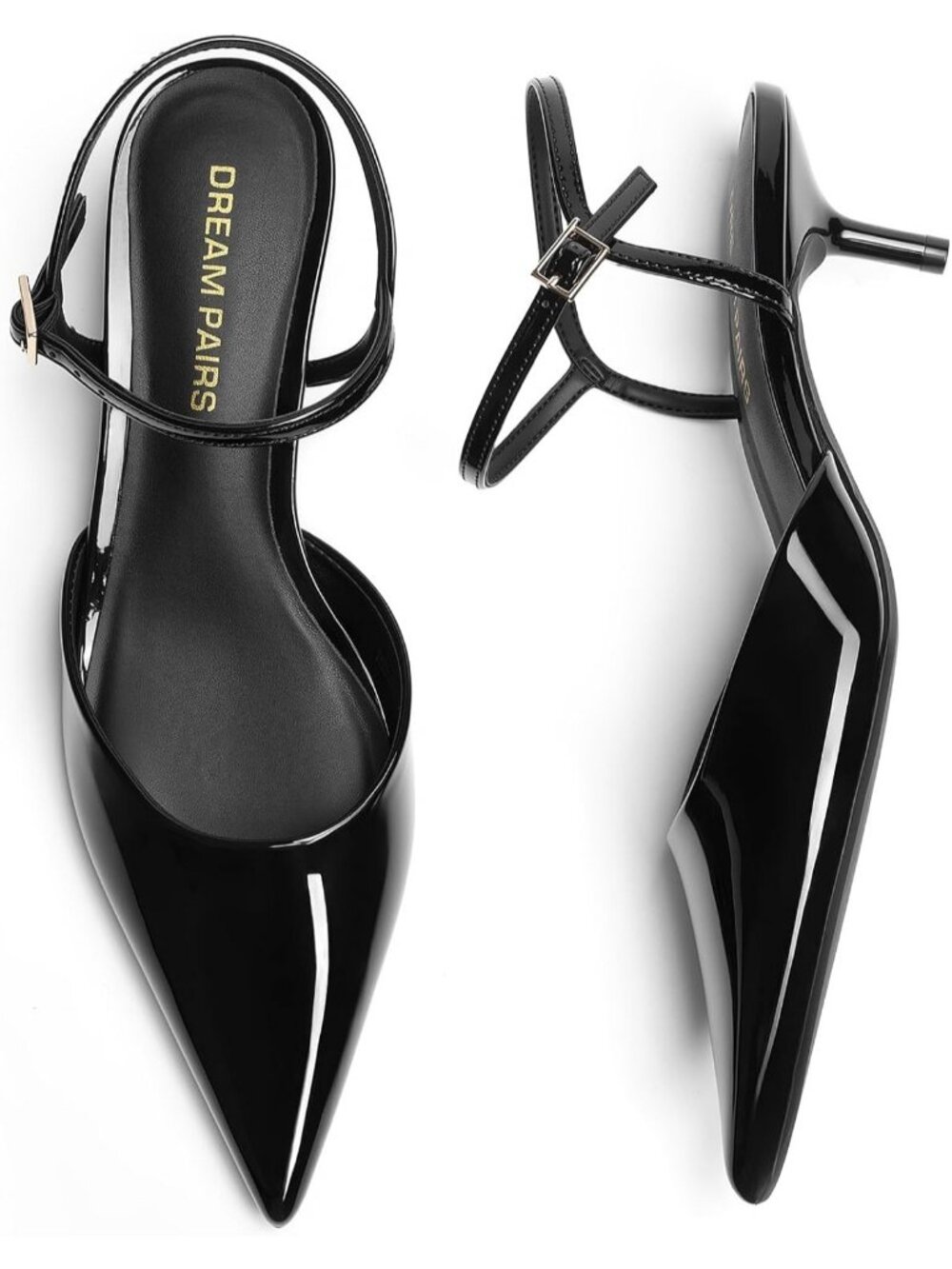 Women's Black Pat Pointed Closed Toe Low Stiletto Pumps Comfortable Kitten Heel